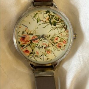 Nine West Floral Dial Watch with Silver Band